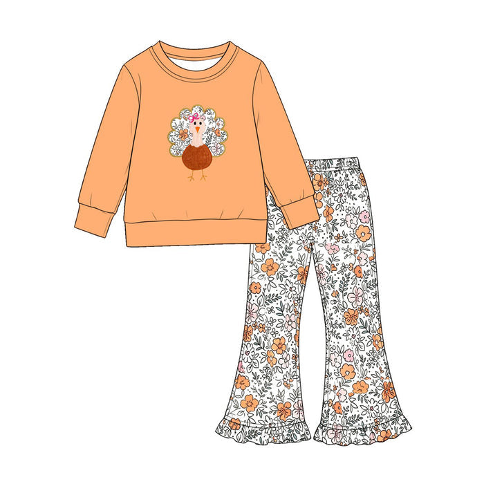 7.29  Preorder  Kids Girls Thanksgiving Turkey Top with Floral Flared Pants Outfit