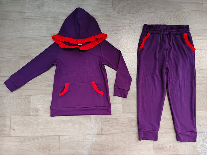 7.30 GLP3564 Preorder Navy Cotton Red Ruffles Hoodie Top Pockets Joggers Pants Girls Clothes Set