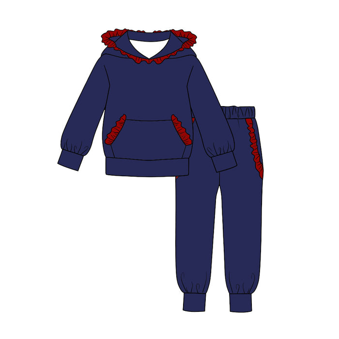7.30 GLP3564 Preorder Navy Cotton Red Ruffles Hoodie Top Pockets Joggers Pants Girls Clothes Set