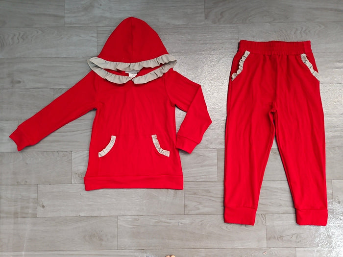 7.30 GLP3565 Preorder Red Cotton Grey Ruffles Hoodie Top Pockets Joggers Pants Girls Clothes Set