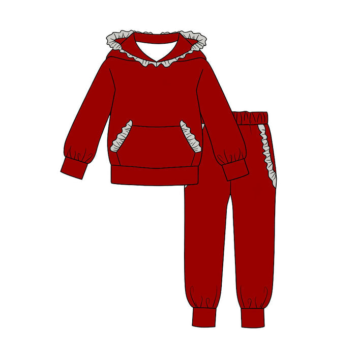 7.30 GLP3565 Preorder Red Cotton Grey Ruffles Hoodie Top Pockets Joggers Pants Girls Clothes Set