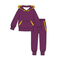 7.30 GLP3566 Preorder Purple Cotton Yellow Ruffles Hoodie Top Pockets Joggers Pants Girls Clothes Set
