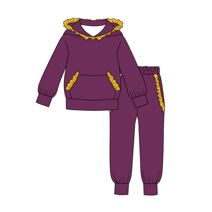 7.30 GLP3566 Preorder Purple Cotton Yellow Ruffles Hoodie Top Pockets Joggers Pants Girls Clothes Set