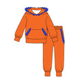 7.30 GLP3567 Preorder  Orange Cotton Blue Ruffles Hoodie Top Pockets Joggers Pants Girls Clothes Set