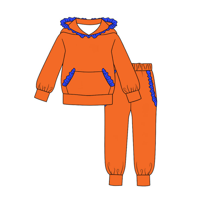 7.30 GLP3567 Preorder  Orange Cotton Blue Ruffles Hoodie Top Pockets Joggers Pants Girls Clothes Set