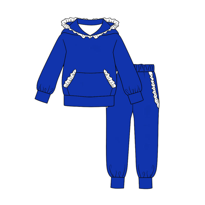 7.30 GLP3568 Preorder Blue Cotton White Ruffles Hoodie Top Pockets Joggers Pants Girls Clothes Set