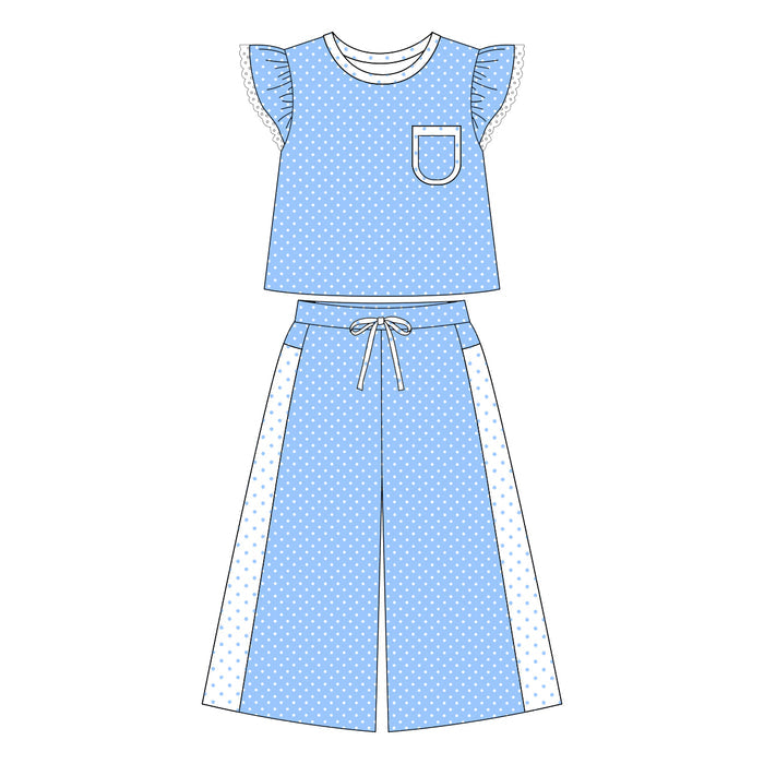 7.30 Preortder Adult size Women Blue Polka Dot Top with Wild Pants Outfit
