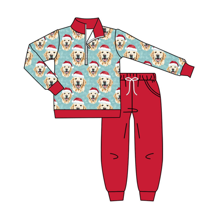 7.31 BLP1530 Preorder Dog Blue Zipper Pullover Top Red Pockets Pants Boys Christmas Clothes Set