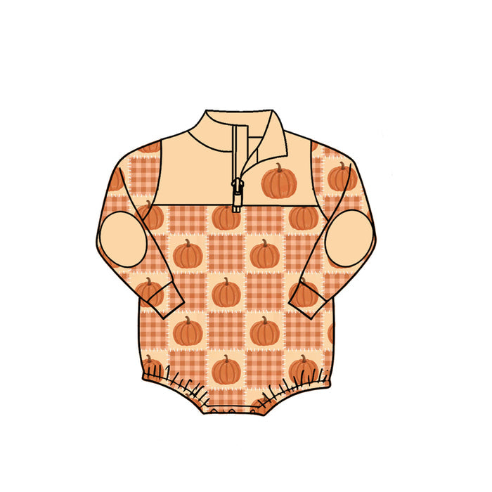 7.31 LR3200 Preorder Pumpkin Checkered Brown Baby Boys Fall Long Sleeve Zipper Romper