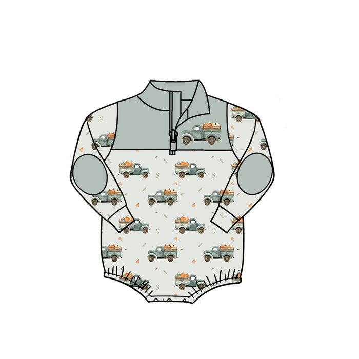 7.31 LR3202 Preorder Pumpkin Trucks Grey Baby Boys Fall Long Sleeve Zipper Romper