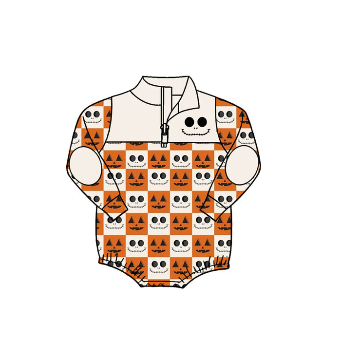 7.31 LR3204 Preorder Nightmar* Smiling Checkered Baby Boys Halloween Long Sleeve Zipper Romper