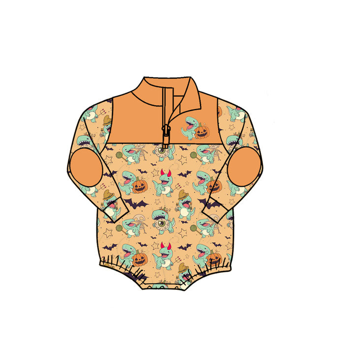 7.31 LR3205 Preorder Dino Pumpkin Bat Baby Boys Halloween Long Sleeve Zipper Romper