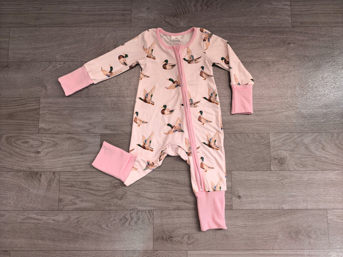 7.31 Preorder Baby Girls Mallard Duck Pink Striped Long Sleeve Zipper Romper