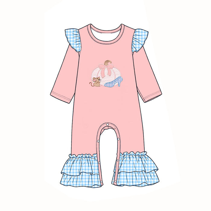 7.31 Preorder Baby Girls Pink Pumpkin Mouse Long Sleeve Romper with Ruffle