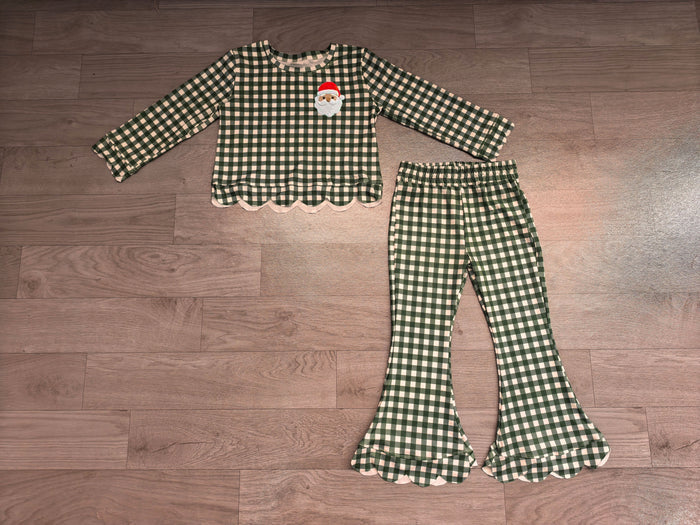 7.31  Preorder Kds Girls Christmas Santa Green Gingham Scalloped Pants Outfit