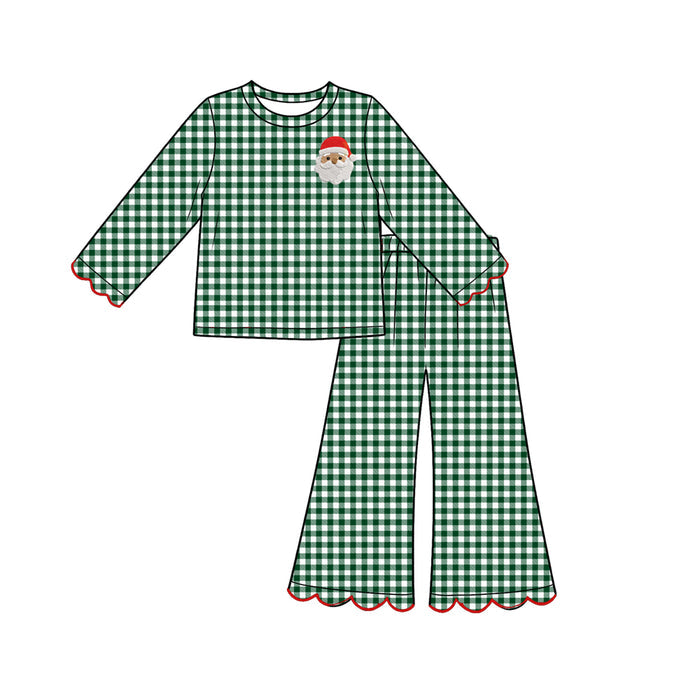 7.31  Preorder Kds Girls Christmas Santa Green Gingham Scalloped Pants Outfit