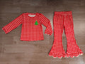 7.31  Preorder Kds Girls Christmas Tree Red Gingham Scalloped Pants Outfit