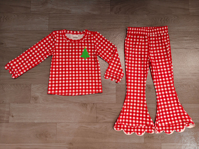 7.31  Preorder Kds Girls Christmas Tree Red Gingham Scalloped Pants Outfit
