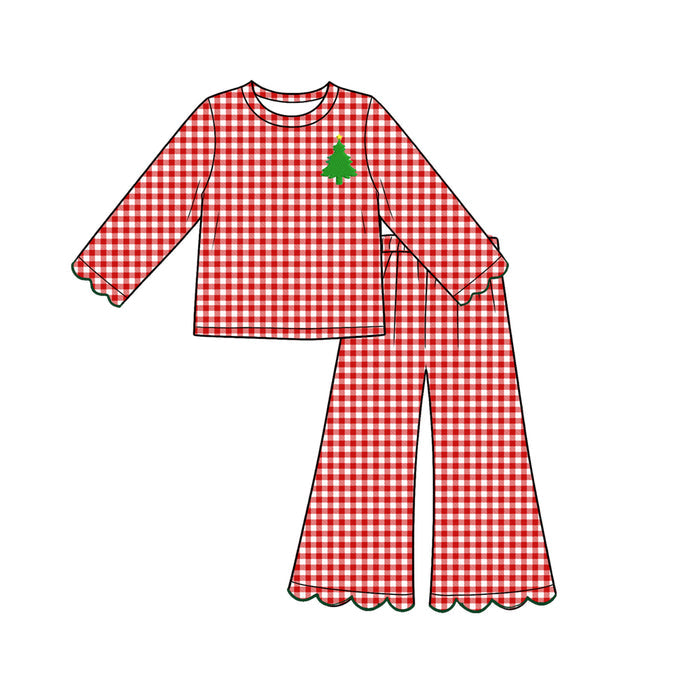 7.31  Preorder Kds Girls Christmas Tree Red Gingham Scalloped Pants Outfit