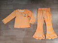 7.31  Preorder Kds Girls Turkey Orange Gingham Scalloped Pants Outfit