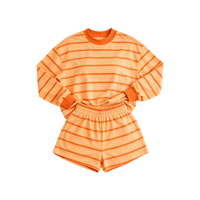 7.6 Preorder Adult Women Orange Striped Long Sleeve Top with Shorts Outfit
