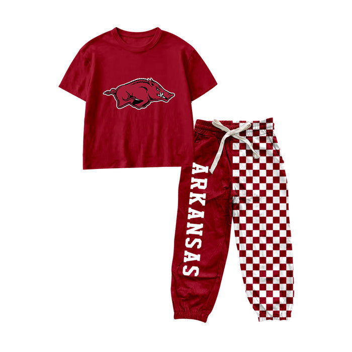 7.6 Preorder Kids Girls Arkansas Short Sleeve Top with Checked Jogger Set