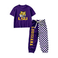 7.6 Preorder Kids Girls Lsu Tiger Short Sleeve Top with Checked Jogger Set