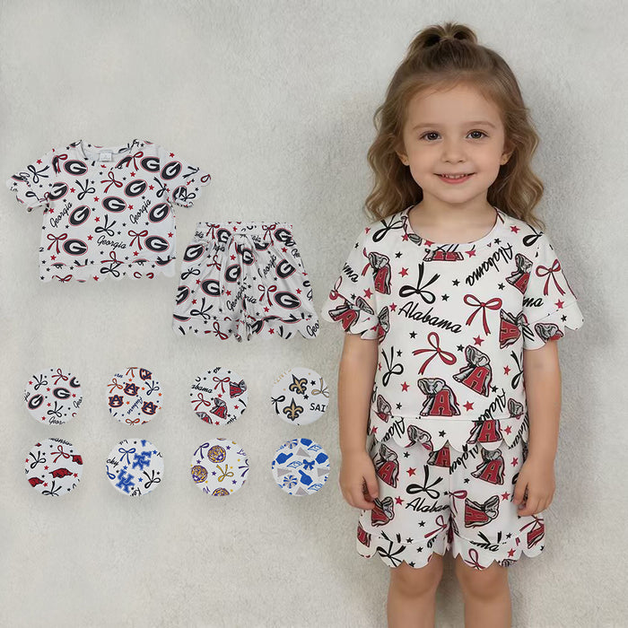 8 Colors Teams Stars & Bows Print Girls Scallop Summer Clothes Set Sisters Wear
