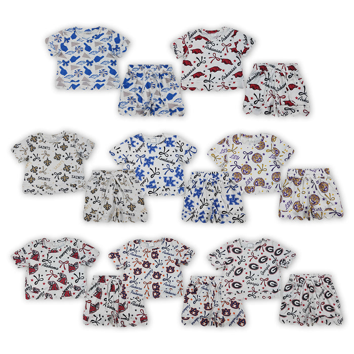 8 Colors Teams Stars & Bows Print Girls Scallop Summer Clothes Set Sisters Wear