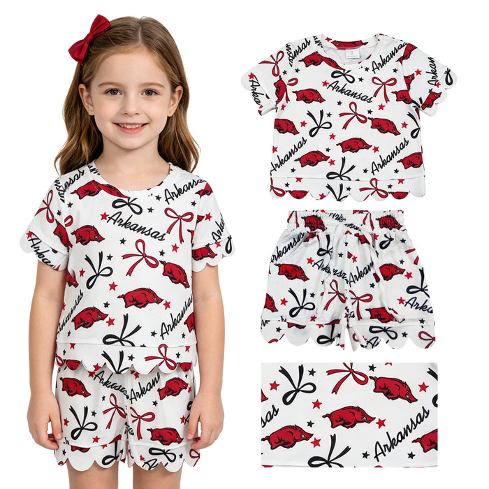 8 Colors Teams Stars & Bows Print Girls Scallop Summer Clothes Set Sisters Wear