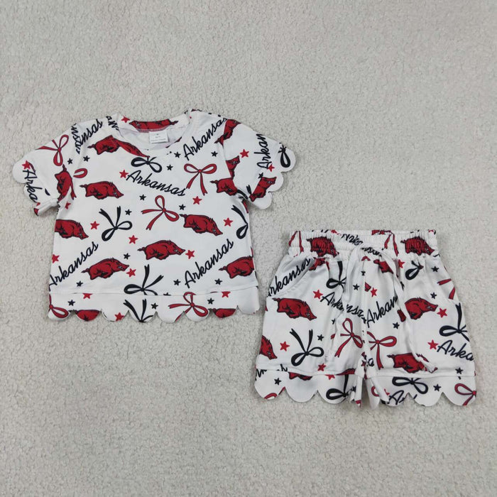 8 Colors Teams Stars & Bows Print Girls Scallop Summer Clothes Set Sisters Wear