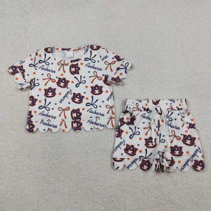 8 Colors Teams Stars & Bows Print Girls Scallop Summer Clothes Set Sisters Wear