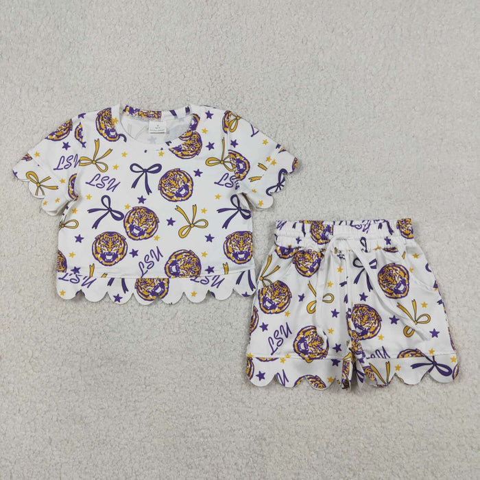 8 Colors Teams Stars & Bows Print Girls Scallop Summer Clothes Set Sisters Wear