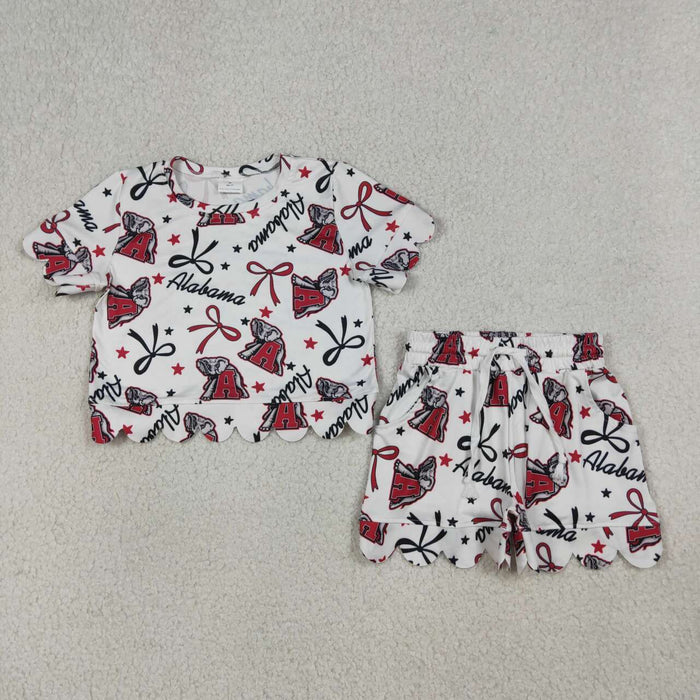 8 Colors Teams Stars & Bows Print Girls Scallop Summer Clothes Set Sisters Wear