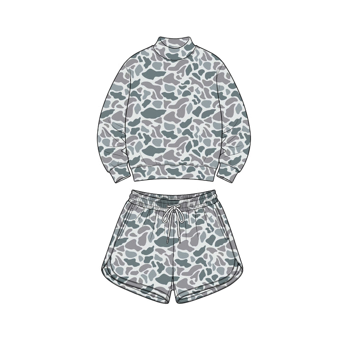 8.1 GLS0184 Preorder Adult Grey Camo Print Long Sleeve Top Pockets Shorts Woman Yoga Clothes Set