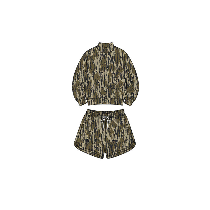8.1 GLS0188 Preorder Camo Print Long Sleeve Top Pockets Shorts Girls Yoga Clothes Set