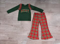 8.1 Preorder  Kids Girls Merry Christmas Green Top with Plaid Bell Bottom Pants Outfit