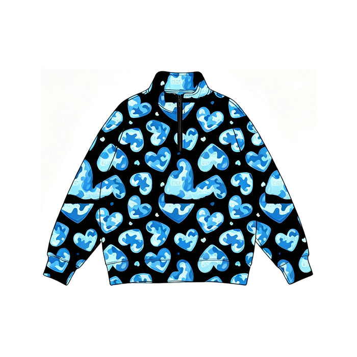 8.10 BT1904 Preorder Blue Camo Hearts Print Boys Valentine's Day Long Sleeve Zipper Pullover Top