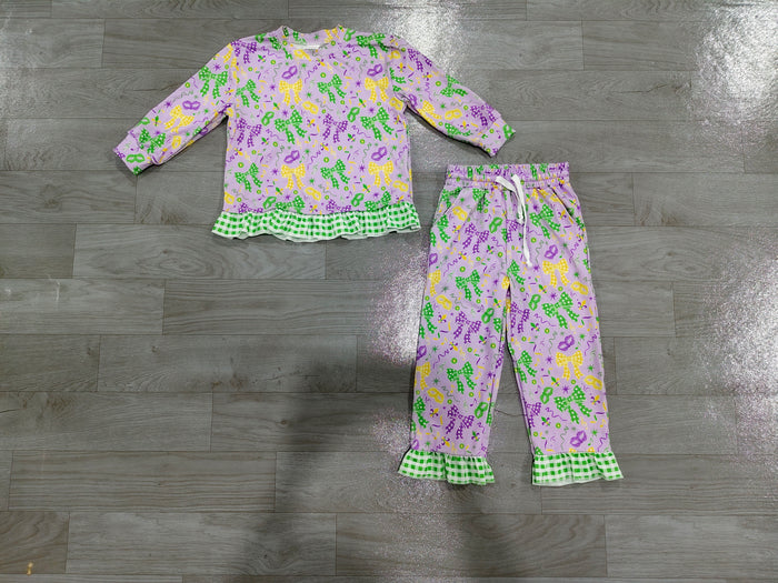 8.10 Preorder Kids Girls Mardi Gras Purple Green Bow Long Sleeve Outfit