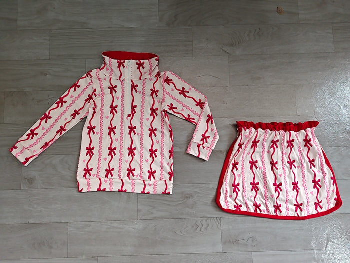 8.10 Preorder Kids Girls Red Bow Heart Long Sleeve Zip Pullover Top with Skort Outfit