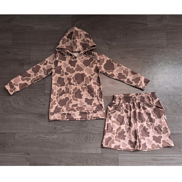 8.10 Preorder Kids Neutral Camo Hoodie & Shorts 2 Piece Outfit