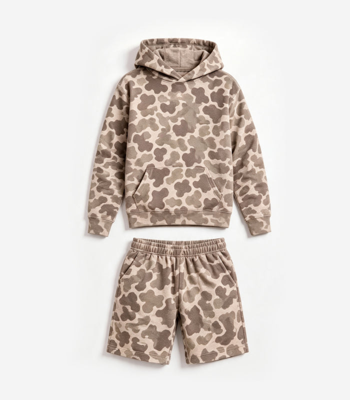 8.10 Preorder Kids Neutral Camo Hoodie & Shorts 2 Piece Outfit