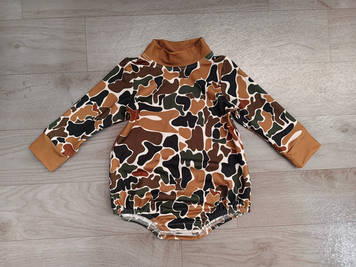 8.11   Preorder Baby Boys Brown Camo Long Sleeve Bubble Romper