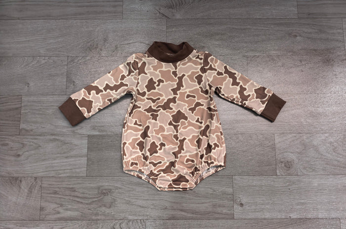 8.11   Preorder Baby Boys Khaki Camo Long Sleeve Bubble Romper