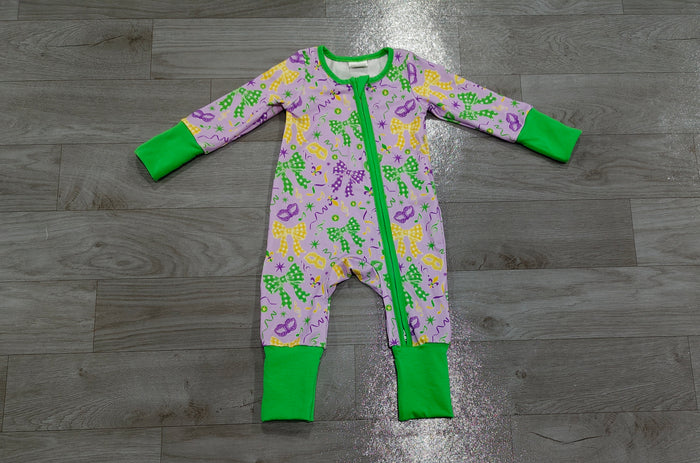 8.11   Preorder Baby Boys Mardi Gras Gingham Bow Long Sleeve Zipper Romper