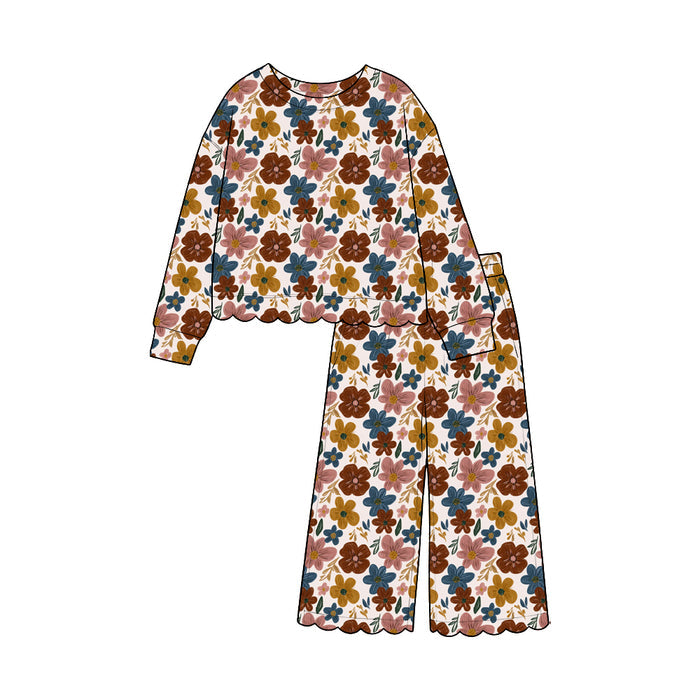 8.13 GLP3690 Preorder Brown Blue Pink Flowers Print Girls Fall Scallop Edge Clothes Set
