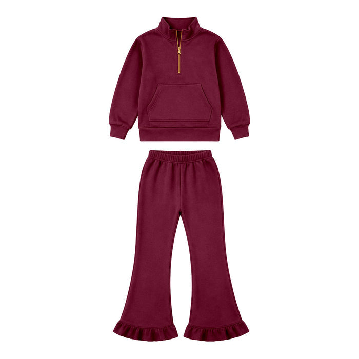 8.13 GLP3695 Preorder Kids Girls Maroon Sweatshirt & Ruffle Flare Pants Set