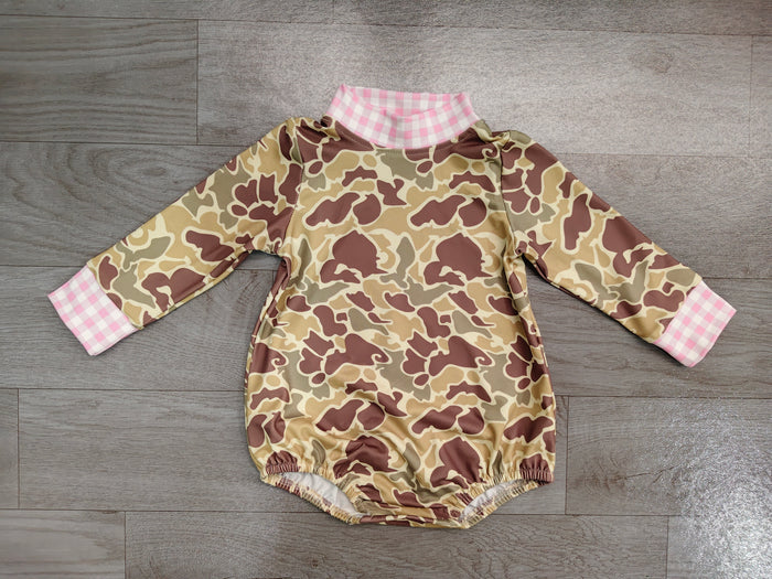 8.13 LR3280 Preorder Brown Green Camo Print Baby Girls Romper