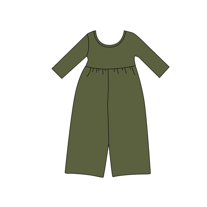 8.13 Preorder Kids Girls Olive Green Long Sleeve Elastic Waist Wide Leg Jumpsuit