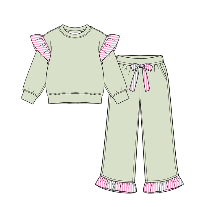 8.14 GLP3697 Preorder Kids Girls Light Green Flutter Sleeve Top with Ruffle Pants Outfit